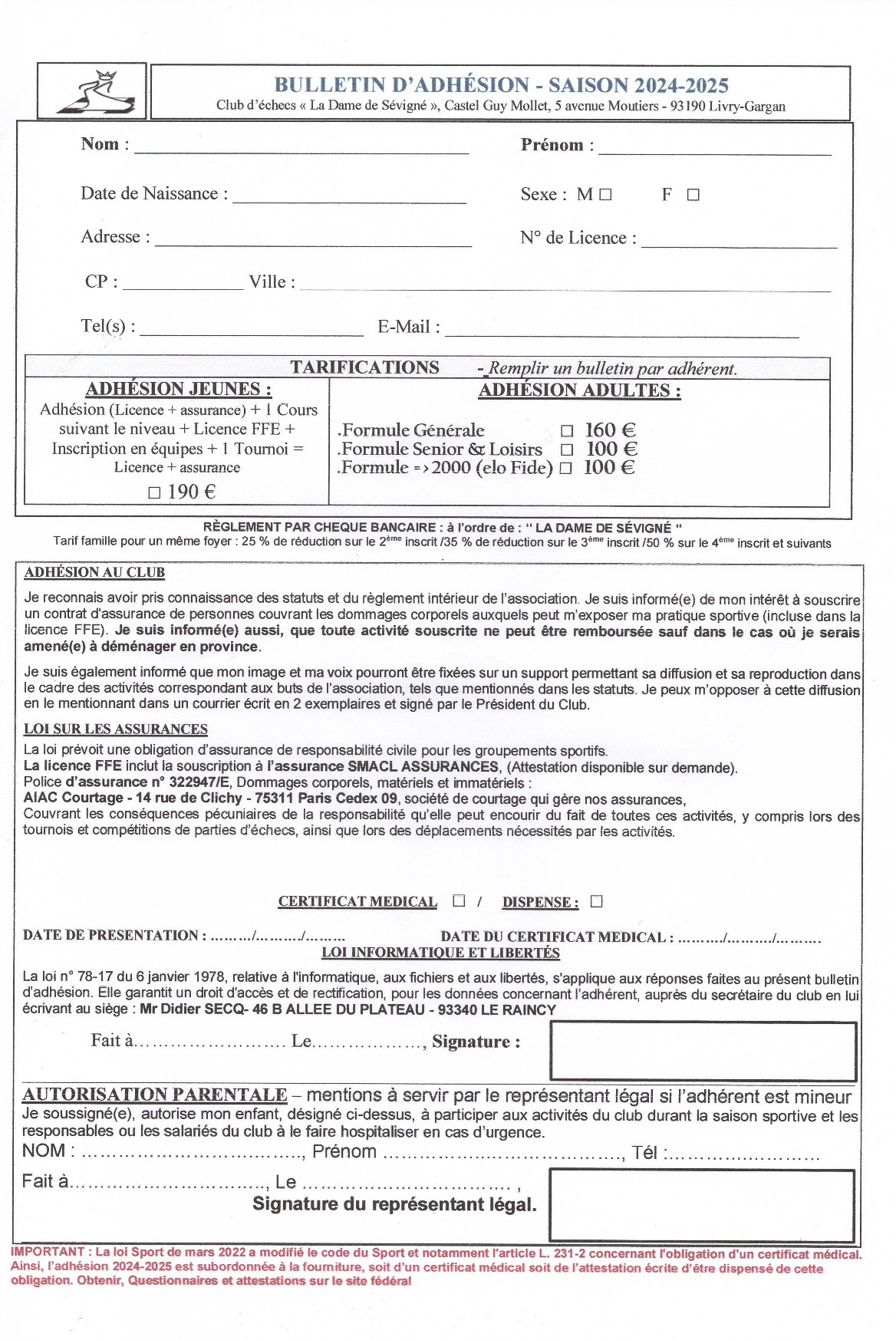 Aperçu bulletin d'adhésion